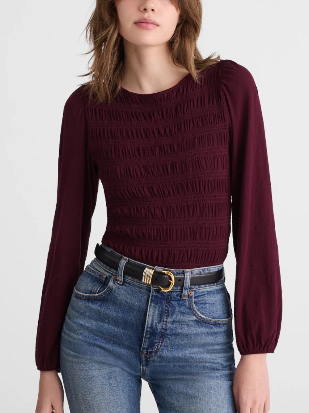Madewell Smocked Cotton Boatneck Puff Sleeves Slim Fit Top Burgundy Size M NWT